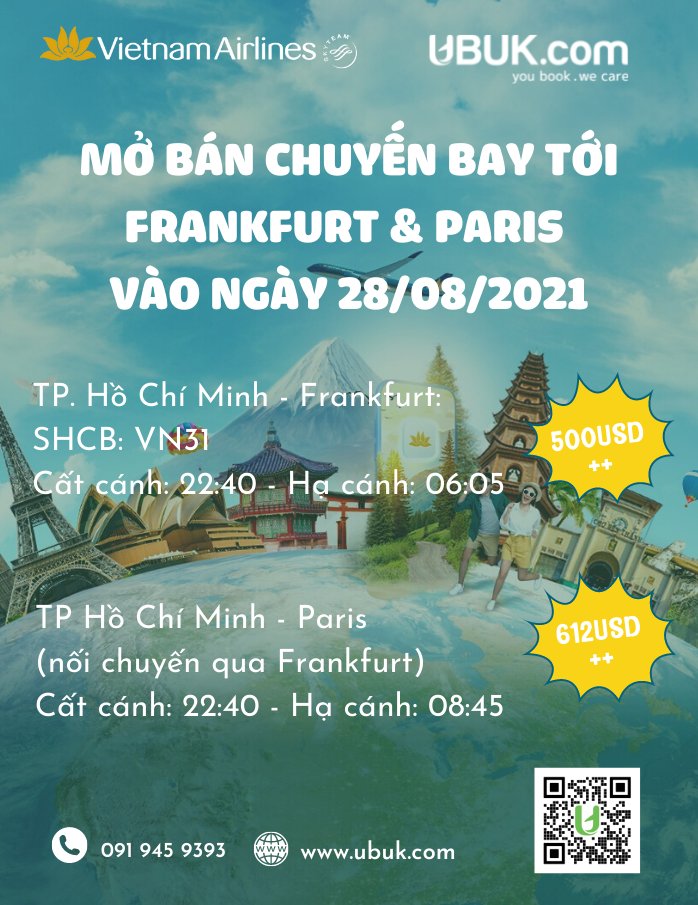 VIETNAM AIRLINES MỞ BÁN CHUYẾN BAY TỚI FRANKFURT & PARIS VÀO NGÀY 28/08/2021