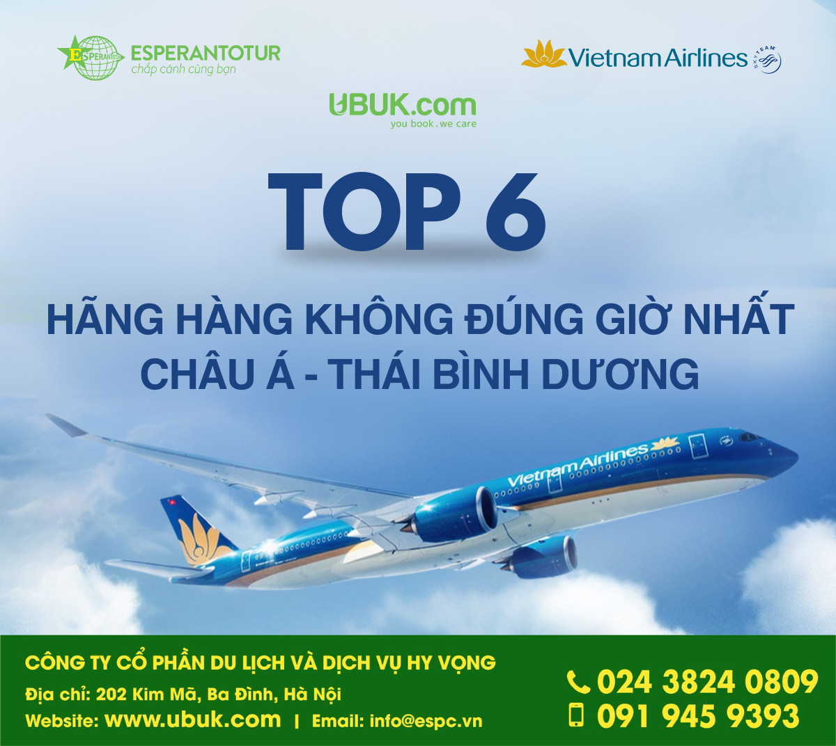 VIETNAM AIRLINES LỌT TOP 6 HÃNG HÀNG KHÔNG ĐÚNG GIỜ NHẤT CHÂU Á - THÁI BÌNH DƯƠNG